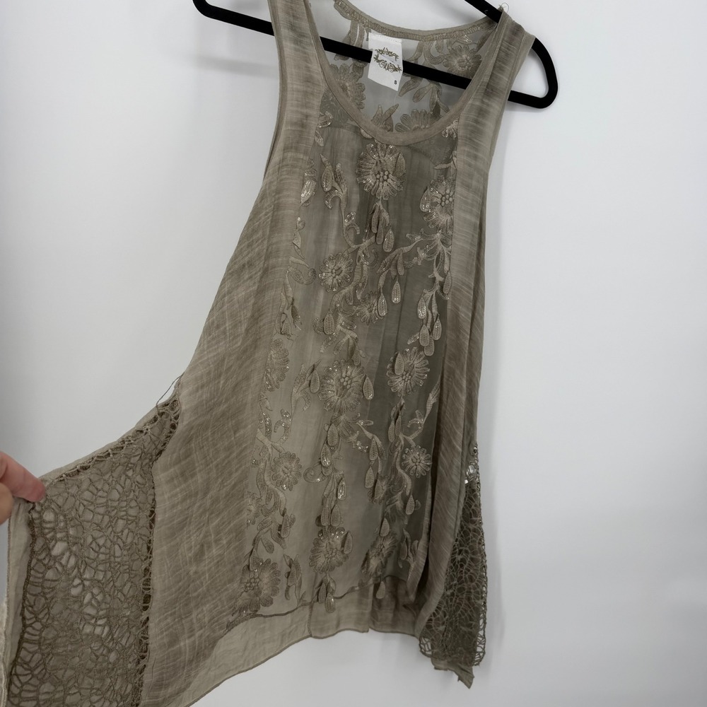 Fleur de Lis Tank Top Women Small Sage Embroidered Sequin Boho Festival Sheer - Picture 2 of 8